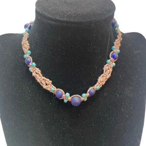 NWT Handmade by Me Macraméd Brown Hemp Cobalt Blue Beads Choker Necklace